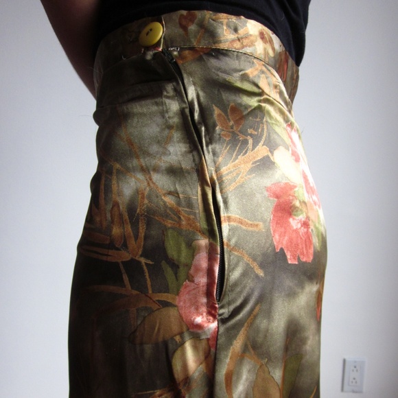 Satin Olive Green With Flowers Maxi Skirt - Picture 6 of 6
